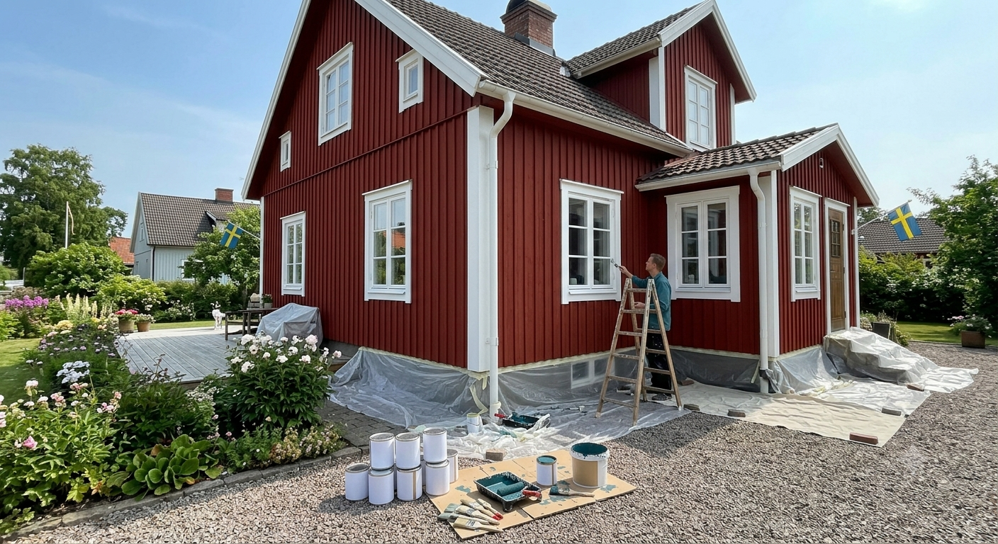 Målare målar rött trähus i Halmstad