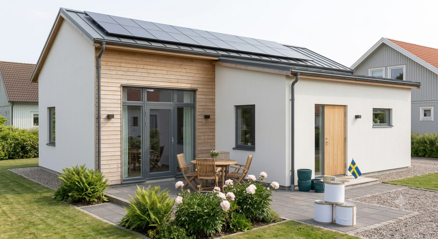 Nybyggt hus med solceller och nymålad fasad i Halmstad